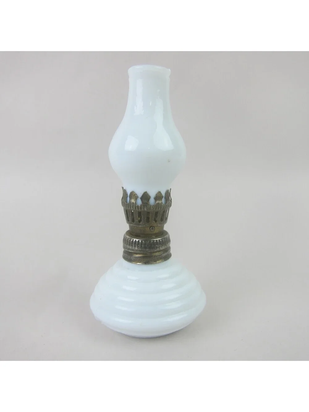 Antique Miniature Oil Lamp White Milk Glass Chimney & Beehive Base 4.5